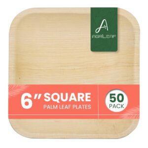 AGRILEAF Palm Leaf Disposable Plates 6 Inch Square | 50 Pack Eco Friendly Compostable Paper Areca Plates_Picnic Party Food Use and Throw Bamboo Plate
