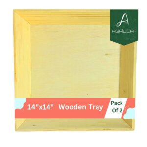 AGRILEAF Pine Wood Tray for Serving Square Wooden Trays with Inclined Edges, Ideal for Breakfast, Tea, Coffee Table, Snacks, Home Decor Pack of 2(14 x 14 x 3 Inches)