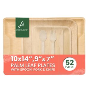 AGRILEAF Disposable Dinnerware Party Supplies Combo Set [Pack of 52] Palm Leaf Plates, Serving Trays & Spoons - Birthday Party Pack (9", 7" Plates + 10x14 Serving Trays + Spoons, Knife and Fork)