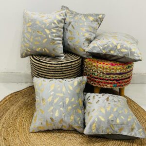 Pack of 5 Feather Printed Faux Fur Cushion Covers (Grey)