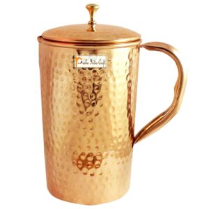 Prisha India Craft Hammered Design Pure Copper Water Jug Pitcher 1200 ML Brown